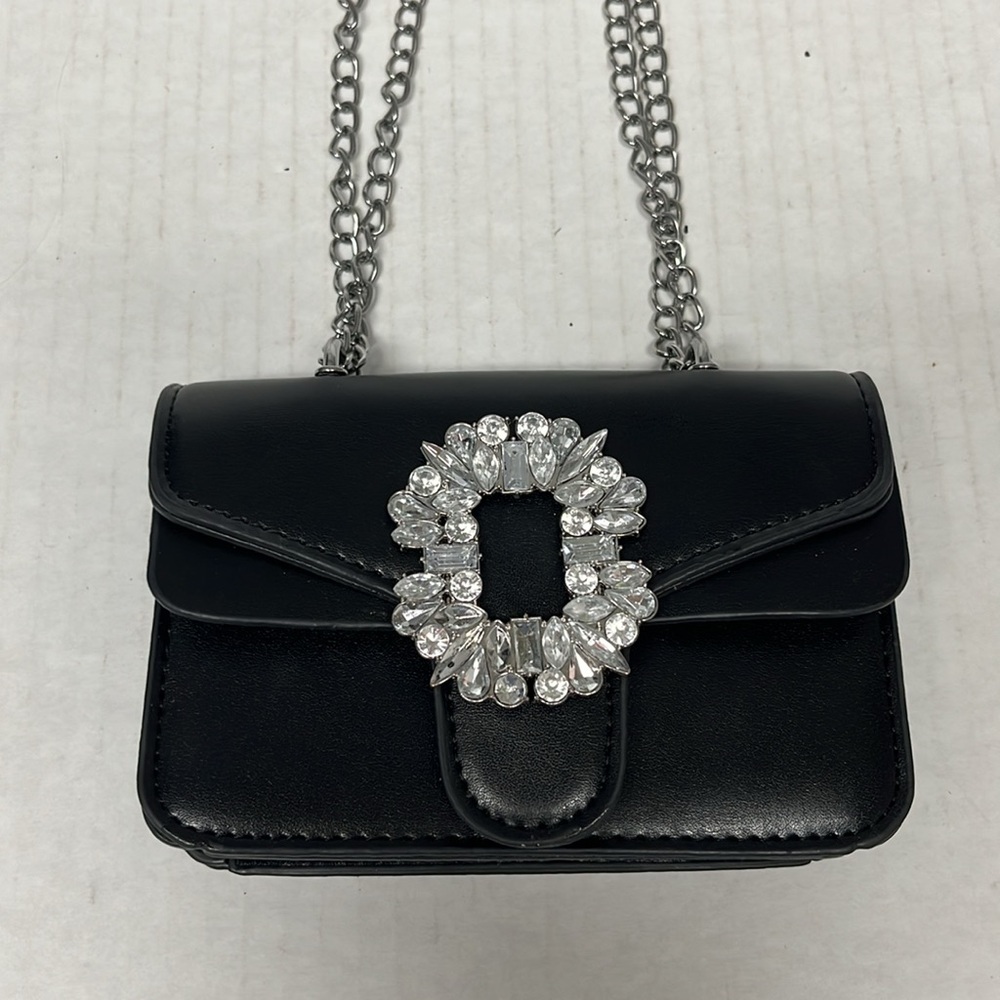 Black leather Rhinestone embellished chain shoulder party Mini Bag night out - Picture 8 of 16